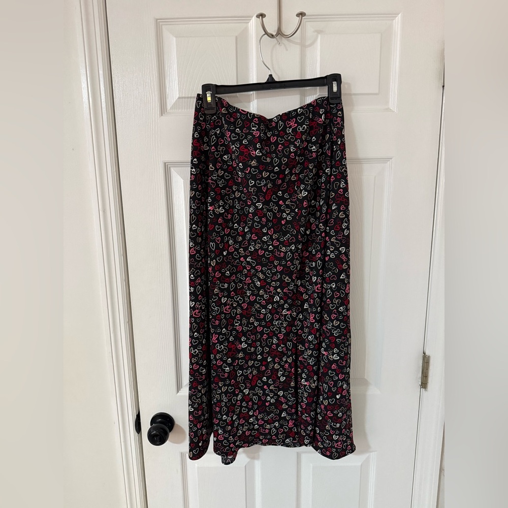 LOFT Black with Pink Hearts Midi Skirt, Size 10